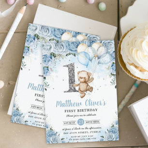 Invitation Ballons Ours En Teddy Bleu Floral Premier Annivers
