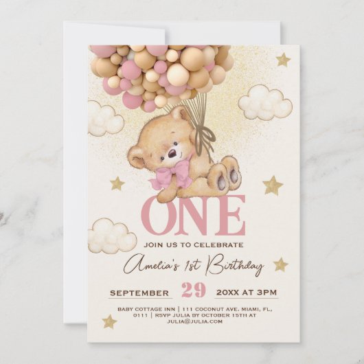 Invitation Ballons Ours Fille 1er Anniversaire (Devant)