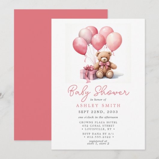 Invitation Ballons Ours Teddy Baby shower Fille Rose (Devant / Derrière)