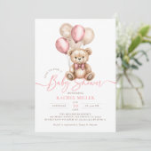 Invitation Ballons Ours Teddy Baby shower Fille Rose (Debout devant)
