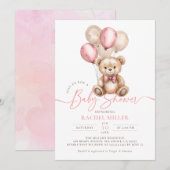 Invitation Ballons Ours Teddy Baby shower Fille Rose (Devant / Derrière)