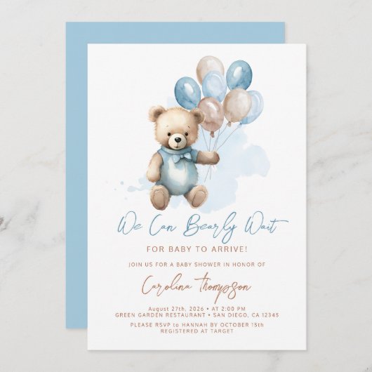 Invitation Ballons Ours Teddy Baby shower Garçon bleu (Devant / Derrière)