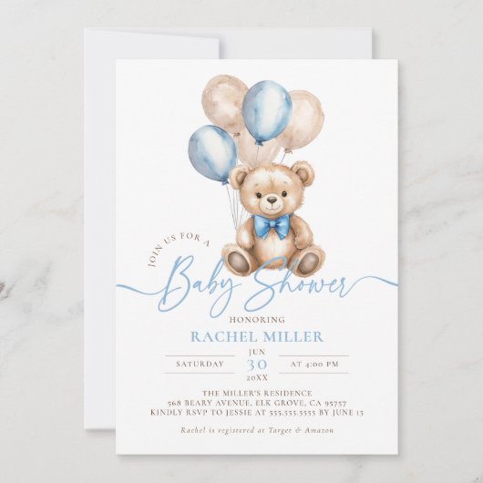 Invitation Ballons Ours Teddy Baby shower Garçon bleu (Devant)
