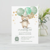 Invitation Ballons Ours Teddy Baby shower Or Vert (Debout devant)