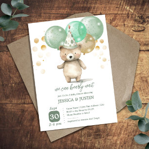 Invitation Ballons Ours Teddy Baby shower Or Vert