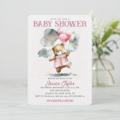 Invitation Ballons Ours Teddy Nuages Baby shower Fille (Debout devant)