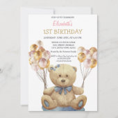 Invitation Ballons Ourson Mignon Rayé Anniversaire (Devant)