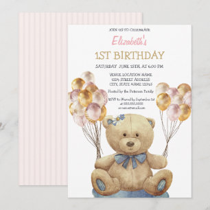 Invitation Ballons Ourson Mignon Rayé Anniversaire