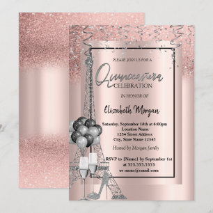 Invitation Ballons Pailletés Eiffel Rose Gold Quinceañera