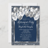 Invitation Ballons Paillettes Cadre Argent Retraite Navy (Devant)