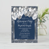 Invitation Ballons Paillettes Cadre Argent Retraite Navy (Debout devant)