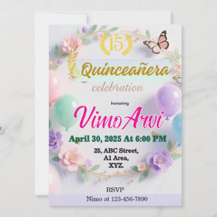 Invitation Ballons pastel et papillon pour un anniversaire de