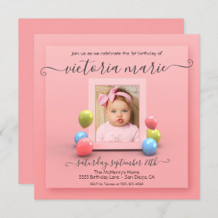 Invitation Ballons photo rose 1er anniversaire