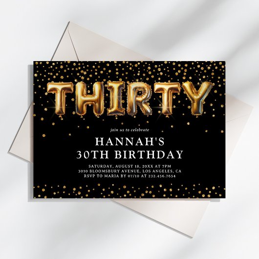 Invitation Ballons pour 30e anniversaire noir et or