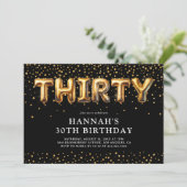 Invitation Ballons pour 30e anniversaire noir et or (Debout devant)