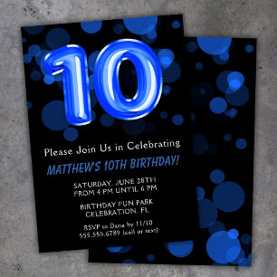 Invitation Ballons pour les 10 ans des enfants garçon bleu Fê