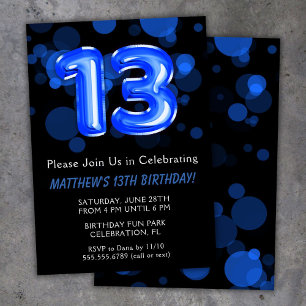 Invitation Ballons pour les 13 ans des enfants garçon bleu Fê