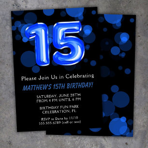 Invitation Ballons pour les 15 ans des enfants garçon bleu Fê