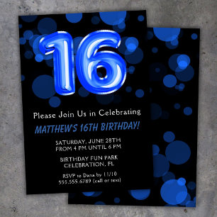 Invitation Ballons pour les 16 ans des enfants garçon bleu Fê