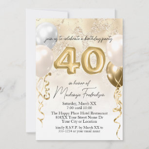 Invitation Ballons pour les 40 ans sur fond de marbre à paill