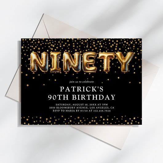 Invitation Ballons pour les 90 ans Noir et Or