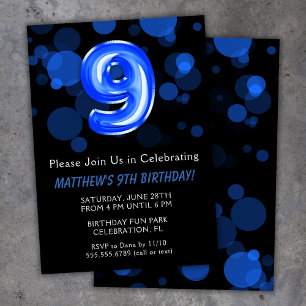 Invitation Ballons pour les 9 ans des enfants garçon bleu Fêt