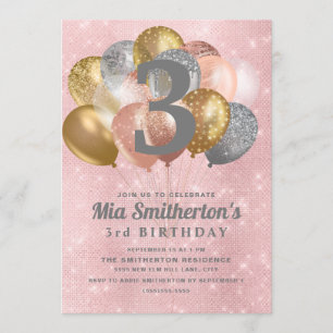 Invitation Ballons Rose Argent Or 3ème Anniversaire Fille