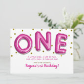 Invitation Ballons Rose Chaud Points Dorés UN 1er Anniversair (Debout devant)