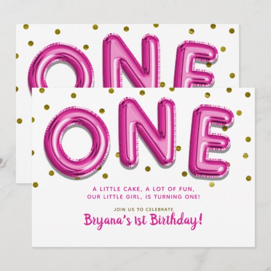 Invitation Ballons Rose Chaud Points Dorés UN 1er Anniversair (Devant / Derrière)