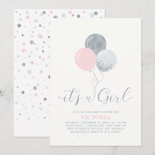 Invitation Ballons rose et argent | C'est un Baby shower de f (Devant / Derrière)