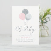 Invitation Ballons rose et argent | Oh Baby Girl Baby shower (Debout devant)