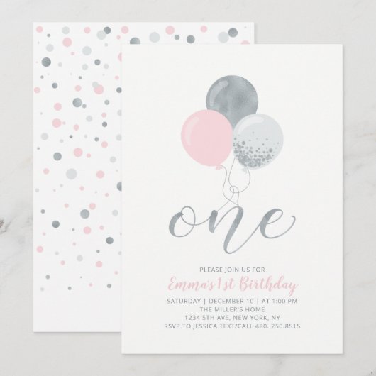 Invitation Ballons rose et argent | Un 1er anniversaire de fi (Devant / Derrière)