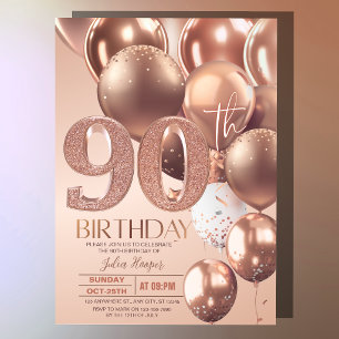 Invitation Ballons Rose Gold 90e Anniversaire Glam Glitter