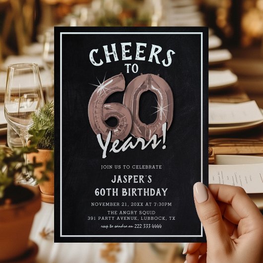 Invitation Ballons Rose Gold Tableau Noir Rustique 60ème Anni