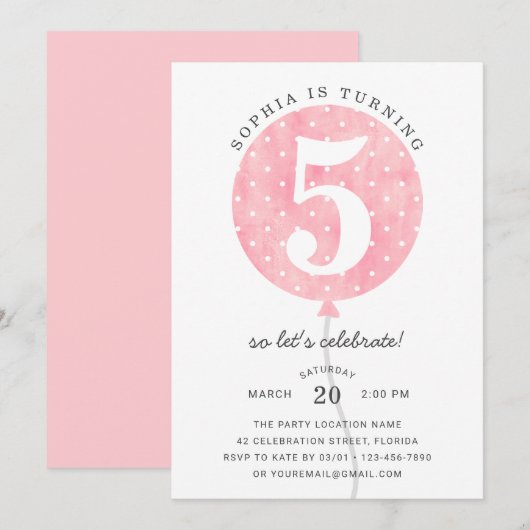 Invitation Ballons rose moderne mignonne Élégante Fille Anniv (Devant / Derrière)