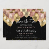 Invitation Ballons Rose or et or double anniversaire (Devant / Derrière)