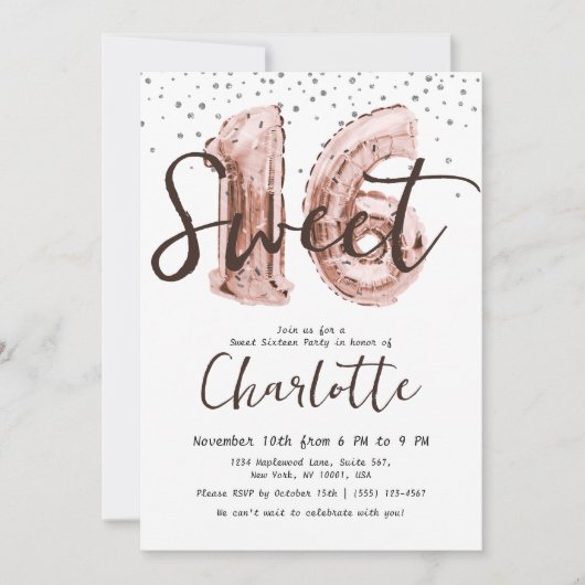 Invitation Ballons rose or Parties scintillant argent  douce  (Devant)