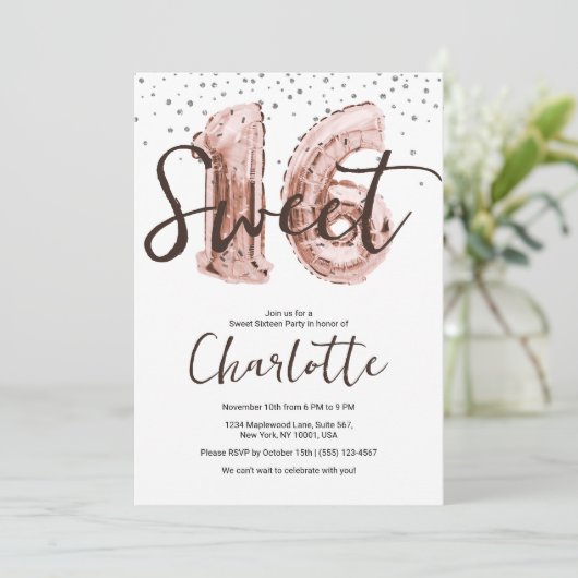 Invitation Ballons rose or Parties scintillant argent  douce  (Debout devant)