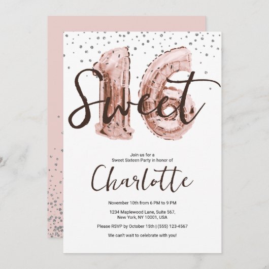 Invitation Ballons rose or Parties scintillant argent  douce  (Devant / Derrière)