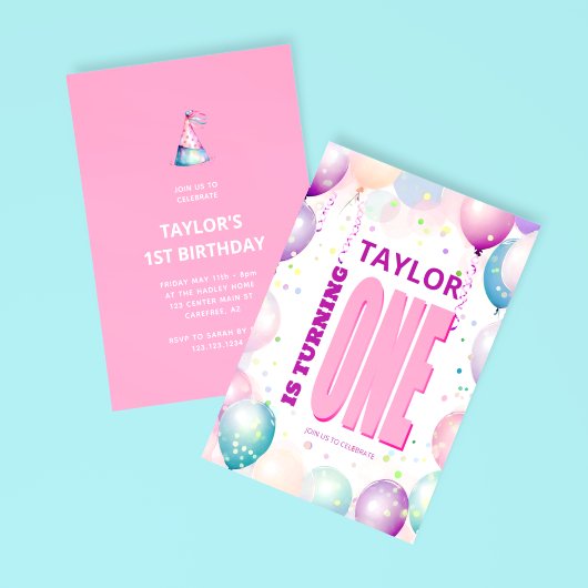 Invitation Ballons Roses 1er Anniversaire