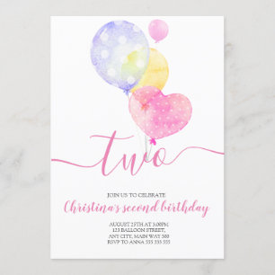 Invitation Ballons roses, 2e anniversaire, 2e anniversaire, 2