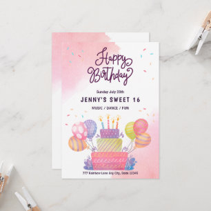 Invitation Ballons roses aquarelle Sweet 16 Anniversaire 