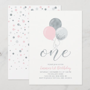 Invitation Ballons roses et argent Un 1er anniversaire de f