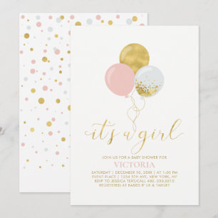Invitation Ballons roses et or   C'est une fille Baby Shower