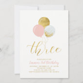 Invitation Ballons roses et or | Fille 3ème anniversaire fête (Devant)