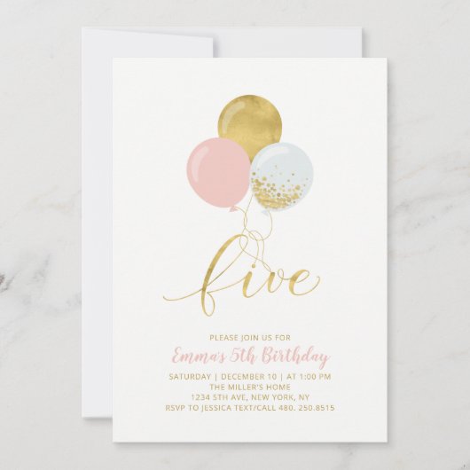 Invitation Ballons roses et or | Fille 5e fête d'anniversaire