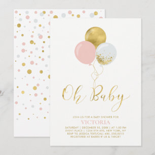 Invitation Ballons roses et or Oh Bébé Fille Baby Shower