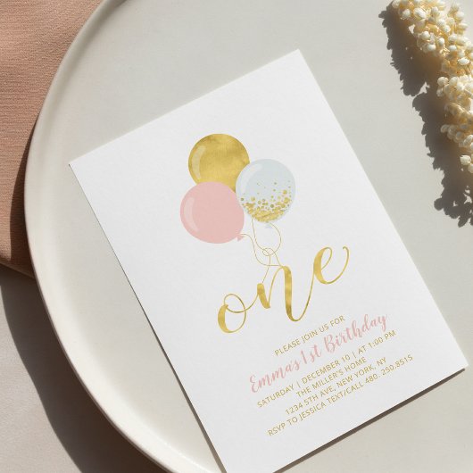 Invitation Ballons roses et or | Une 1ère fête d'anniversaire