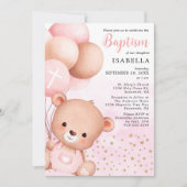 Invitation Ballons roses Ours Teddy Gold Stars Baptême (Devant)