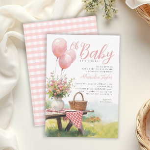 Invitation Ballons Roses Pique-Nique Floral Fille Élégante Ba